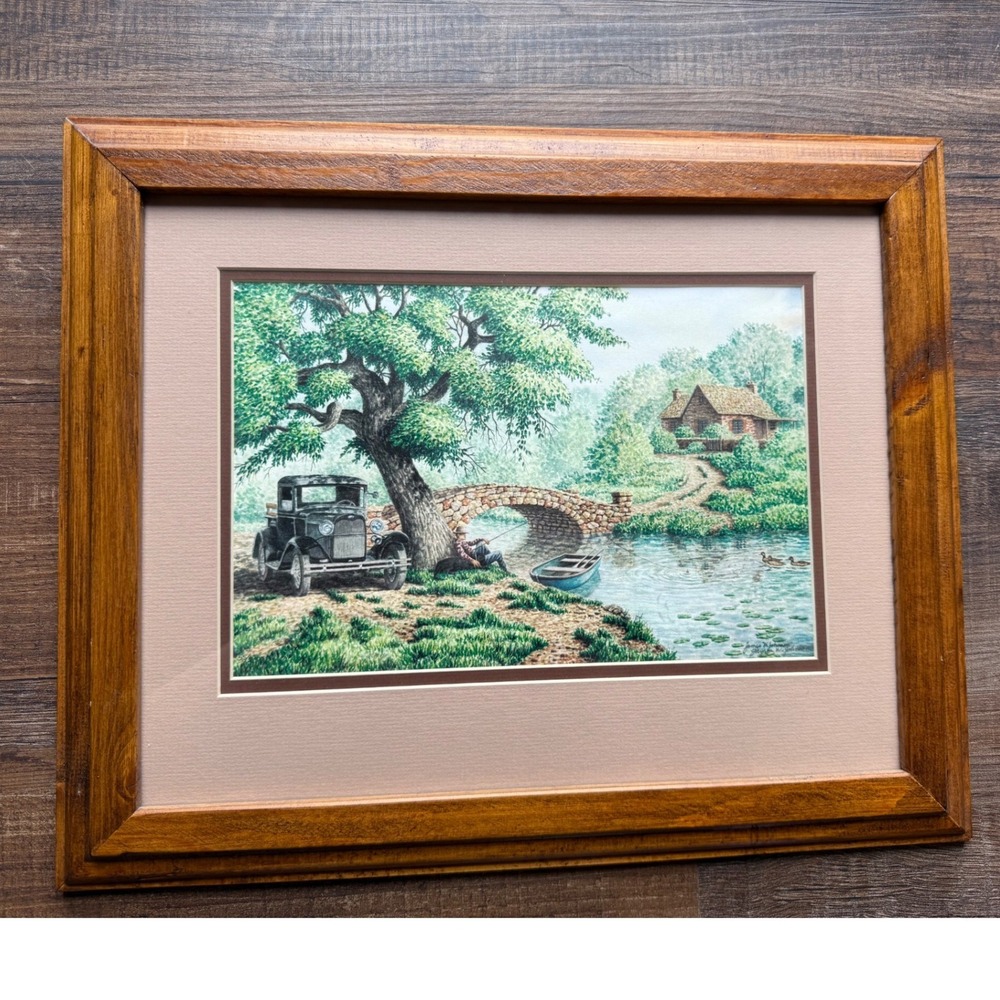 James W Johnson Signed Landscape Print Vintage Truck Fishing Scene Wood Frame